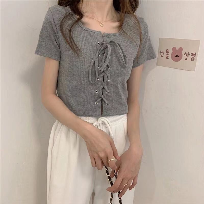 Áo ZHELIHANGFEI ngắn tay cổ vuông lưng cao thời trang mùa hè cho nữ