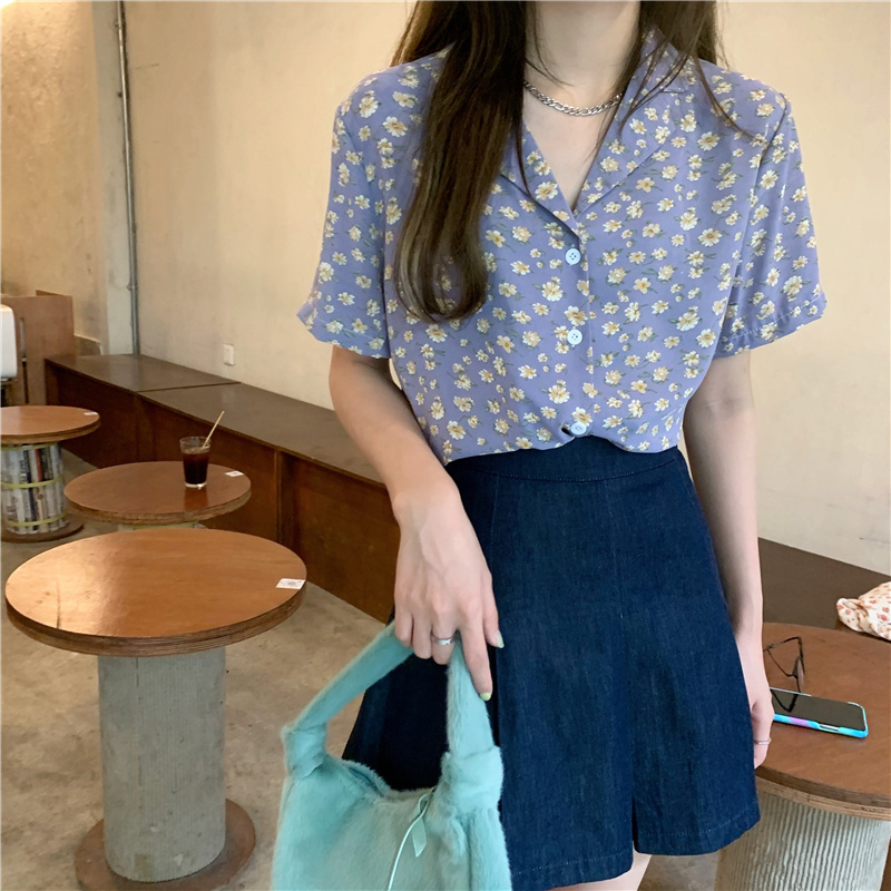 SUXI Áo Sơ Mi Ngắn Tay Dáng Rộng In Hoa Thời Trang Mùa Hè Hàn Quốc Dành Cho Nữ