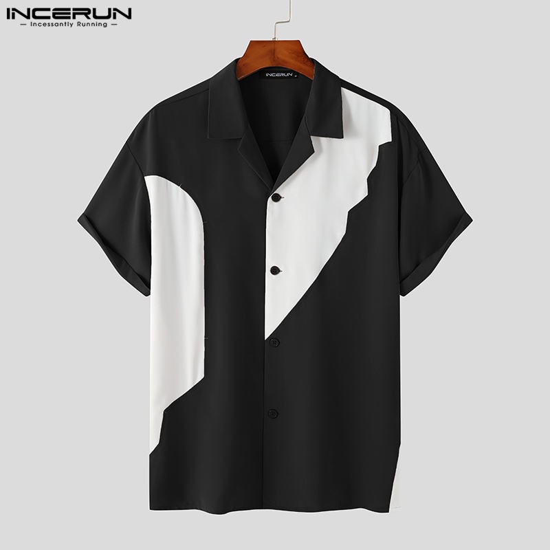 Áo sơ mi Incerun tay ngắn cài nút ghép màu phong cách dự tiệc cho nam