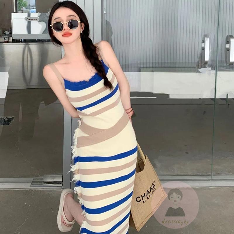 Đầm Dài Không Tay Họa Tiết Sọc Thời Trang Cho Nữ