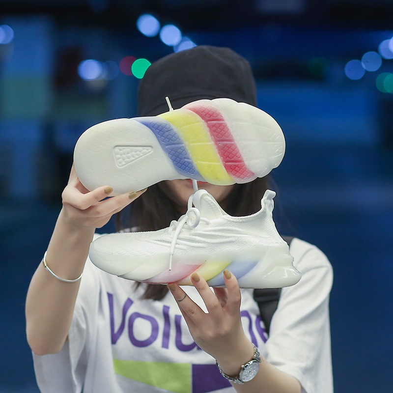 Giày sneaker IELGY mũi tròn dệt kim thoáng khí màu cầu vồng thời trang cho nữ