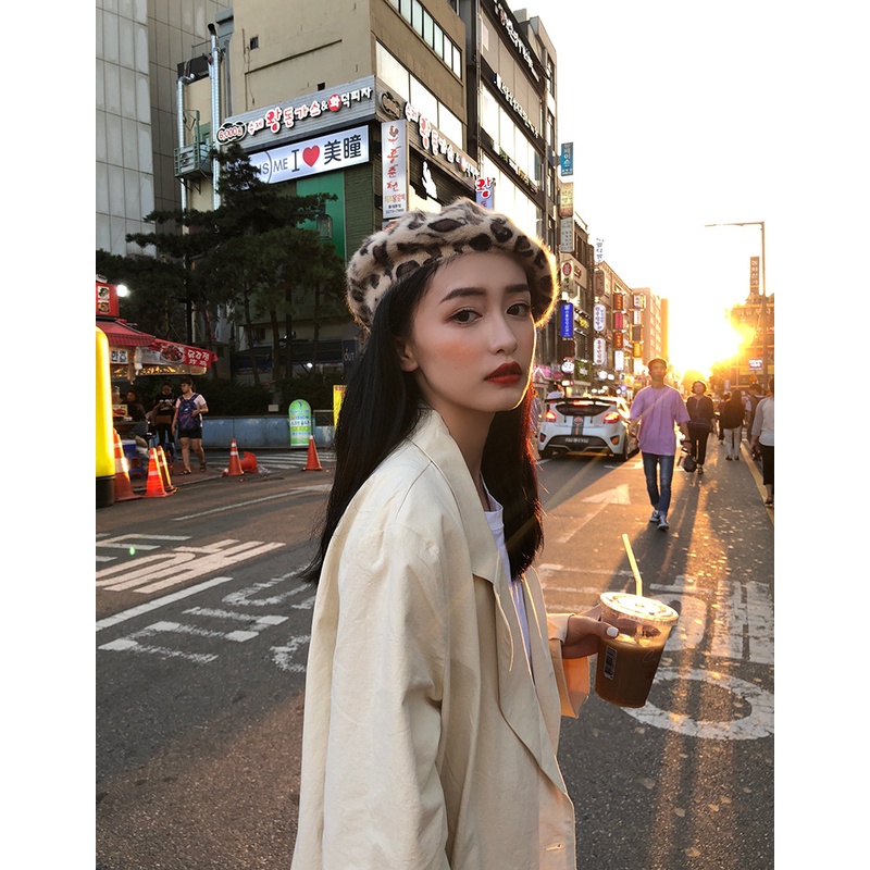 Mũ beret lông họa tiết da báo phong cách retro cho nữ