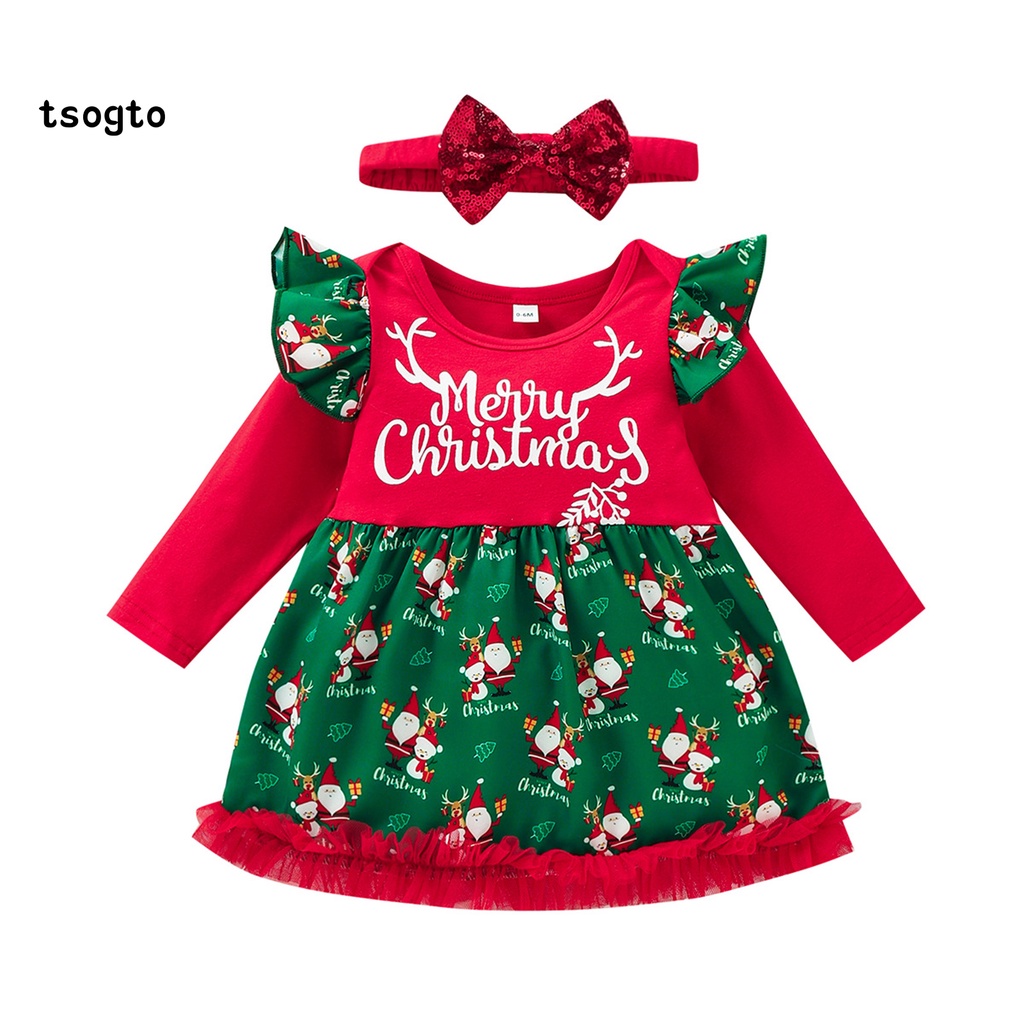 Đầm cotton tay dài in họa tiết ông già noel kèm băng đô xinh xắn cho bé gái