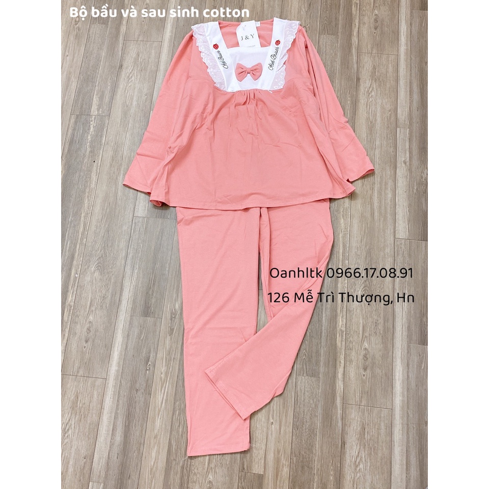 Bộ sau sinh cotton có khóa kéo cho bé ti - Bộ bầu thun co giãn pha trắng thêu tim(40-70kg)