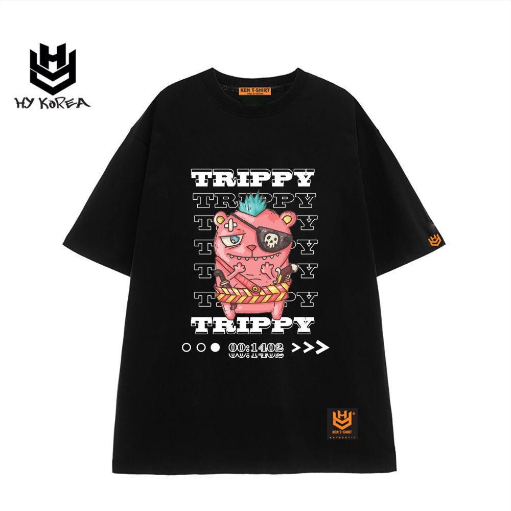 Áo phông unisex tay lỡ Gấu TRIPPY 718 HY KOREA nam nữ form rộng