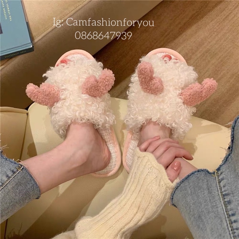 [08CAM] Dép bông nỉ lông xù có sừng cute hàng sẵn
