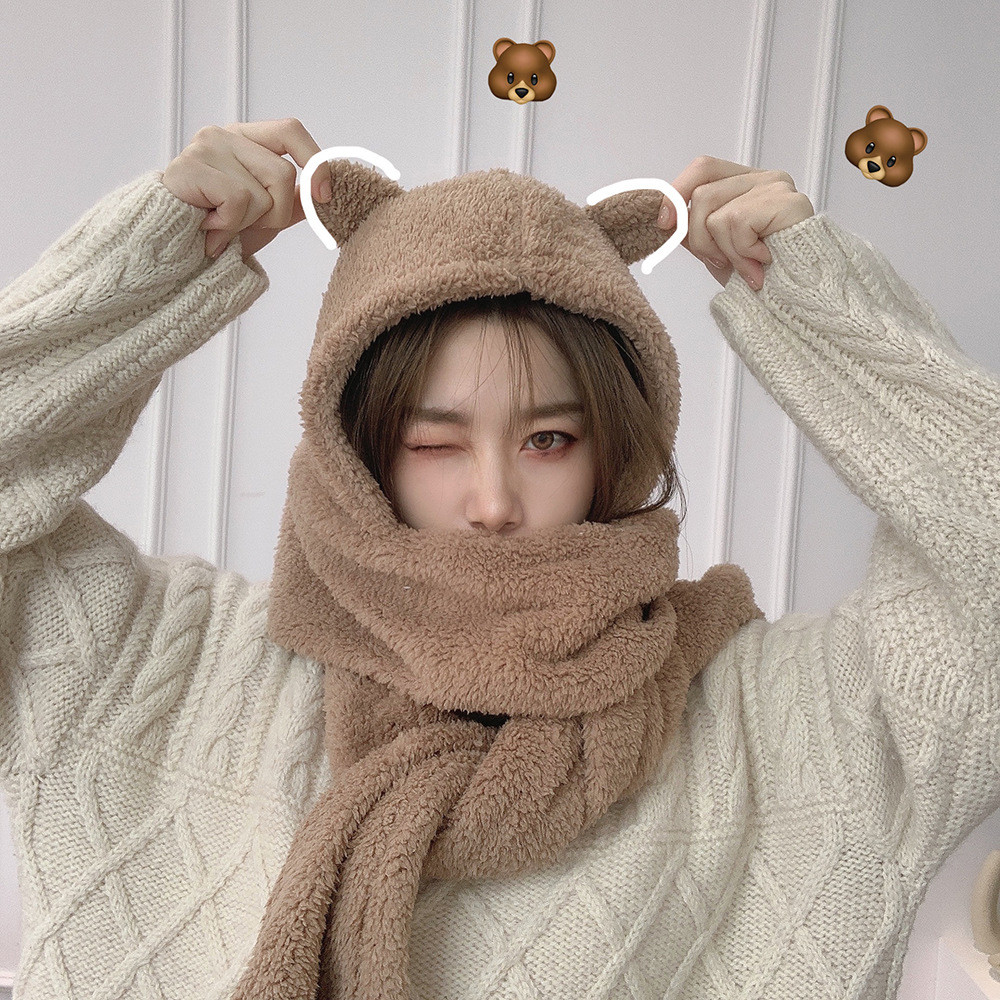 Khăn quàng cổ hình tai gấu đáng yêu may liền mũ/găng tay