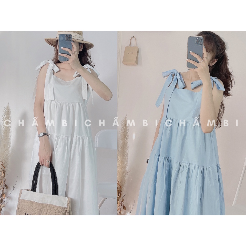 Váy babydoll Hàn Quốc V.079, Váy dáng dài 2 tầng xòe thắt nơ vai cực xinh | BigBuy360 - bigbuy360.vn