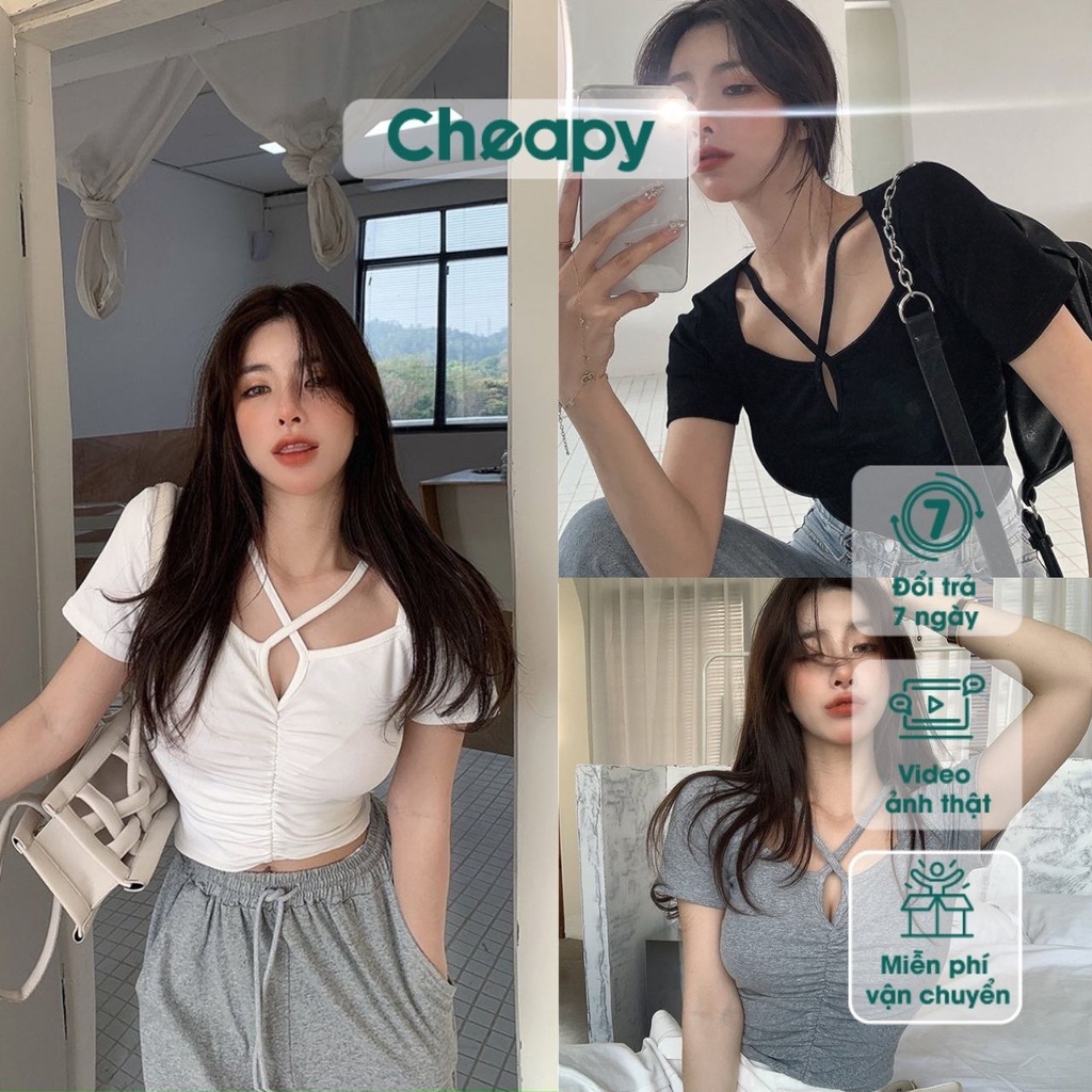 Áo thun croptop nữ cộc tay đan dây chéo ngực hở eo Cheapy đen trắng ghi freesize phom ôm body tôn dáng sexy hàn quốc