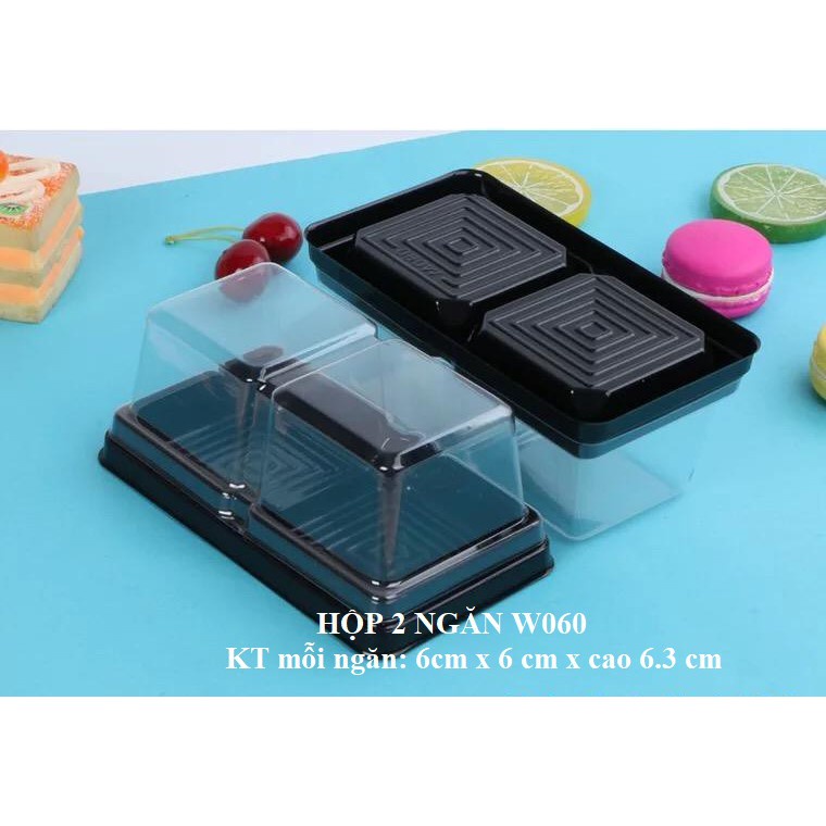 Set 50 hộp nhựa đựng bánh 2 ngăn W260 đế đen nắp nhựa trong