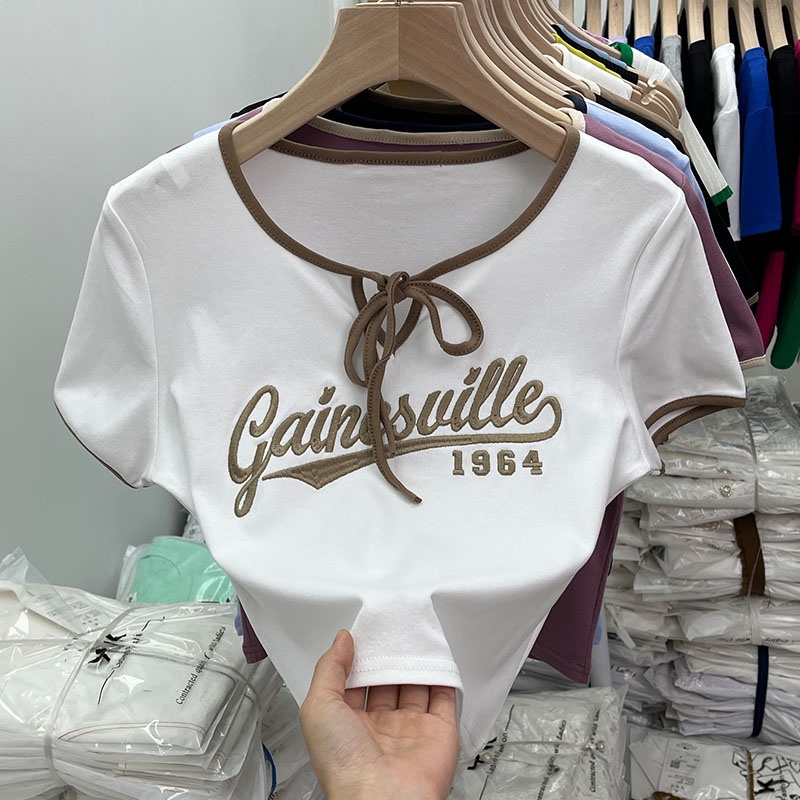 Áo thun BH ngắn tay cổ phối dây thêu họa tiết thời trang mùa hè cho nữ