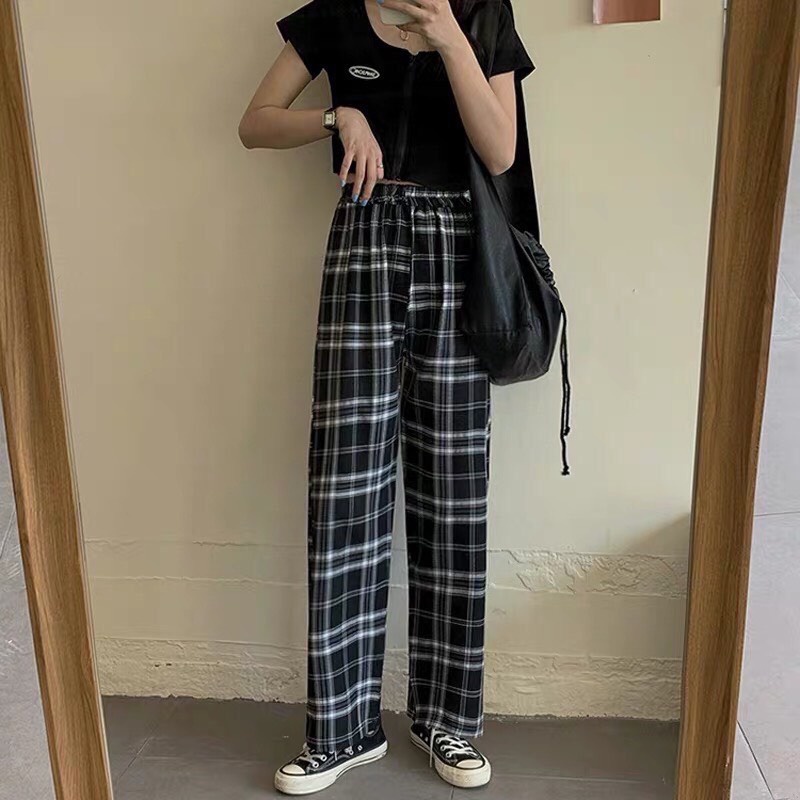 Quần Caro MADELA Suông Ống Rộng loại Cạp Chun, Quần Loe Kẻ Caro Dáng Đứng Phong Cách Trẻ Trung Hot Hít