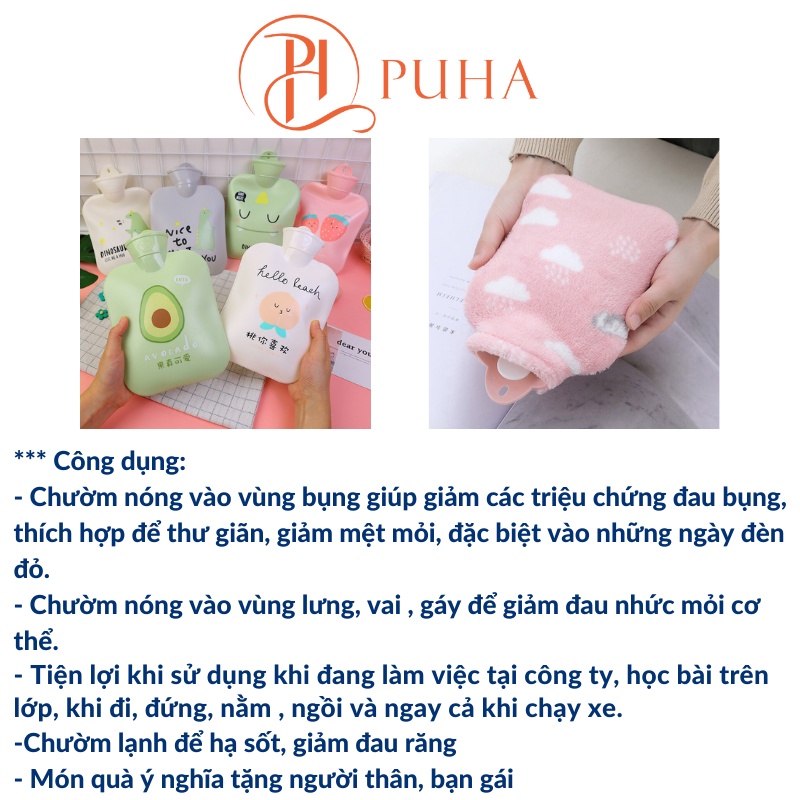 Túi chườm nóng lạnh đa năng giữ nhiệt sưởi ấm giảm đau bụng kinh Puha 900ml màu xanh bơ cute