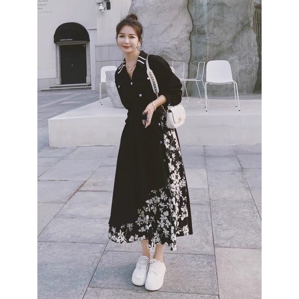 Đầm sơ mi phối hoa trắng