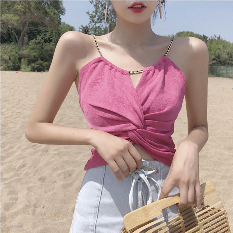 Áo không tay dáng ôm phối dây xích thời trang mùa thu Hàn Quốc 2020 mới cho nữ