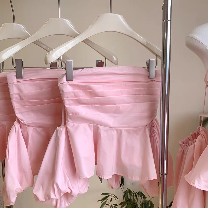 Áo Trễ Vai Tay Bồng Nữ Dáng Ôm Xếp Ly Ngực Có Bo Chun Phía Sau