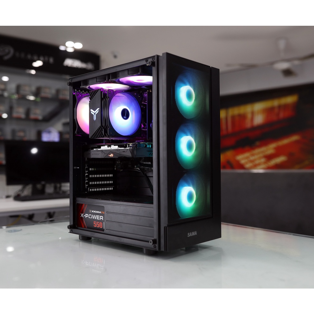 Vỏ case SAMA 3301 3 FAN RGB (Mid Tower/Màu Đen) sẵn 3 fan led RGB điều chỉnh led nhiều chế độ bằng nút bấm