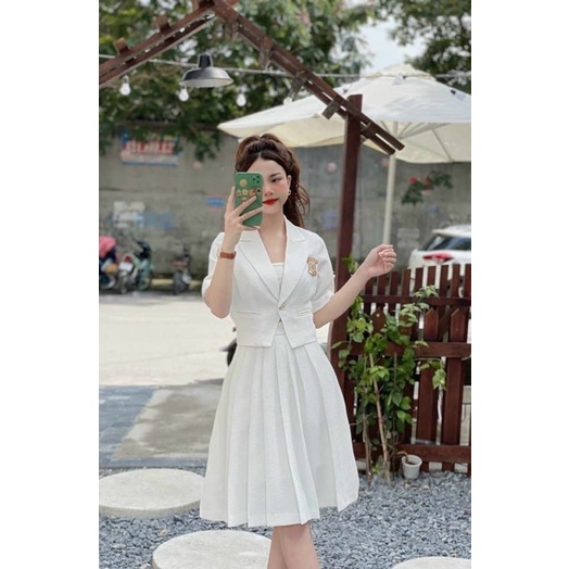 Sét váy công sở thời trang nữ mặc đi chơi chất xốp y mẫu kèm áo lót cotton mix chân váy xếp ly
