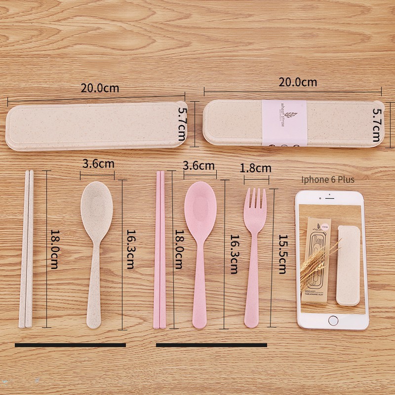 Bộ hộp 3 món thìa, đũa, nĩa lúa mạch bộ đũa muỗng cho dân văn phòng, học sinh an toàn tiện dụng 1601