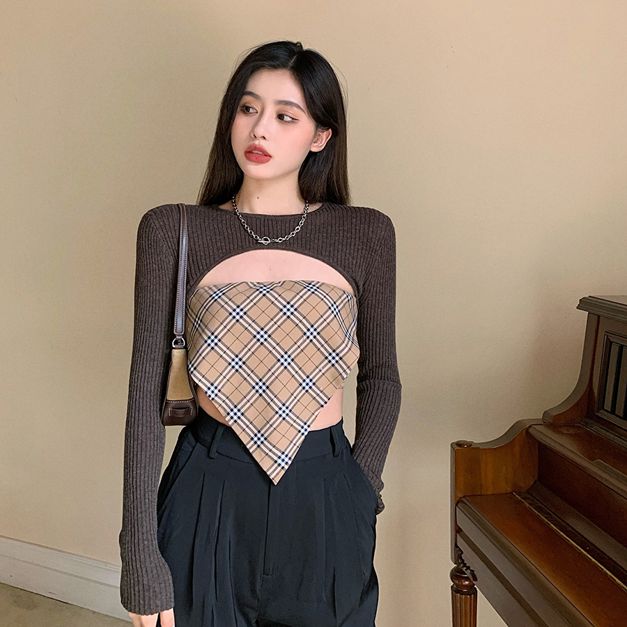 Xiaozhainv Áo sweater tay dài/Áo ống kẻ ca rô phong cách Hàn Quốc trẻ trung cho nữ (bán lẻ)