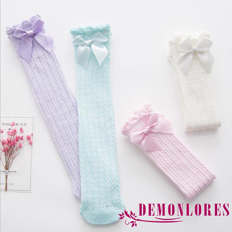 Vớ lưới cá dài qua gối bằng vải cotton thoáng khí phối nơ bướm màu trơn thời trang mùa hè 2020 dành cho bé gái