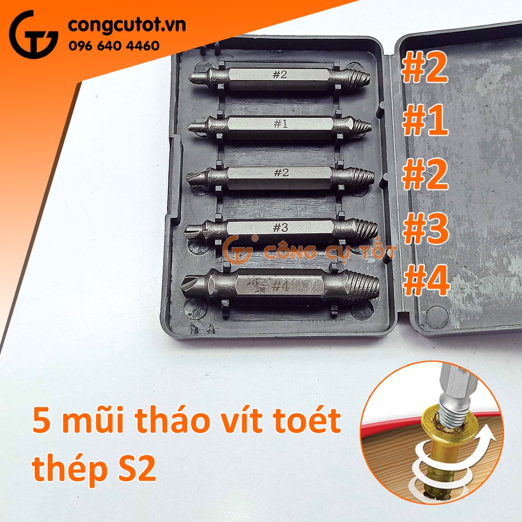 Bộ 5 mũi tháo vít toét bằng thép S2