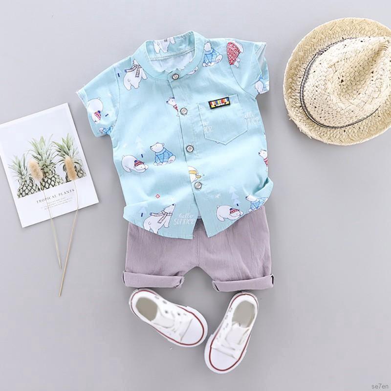 Set áo sơ mi tay ngắn in hình gấu hoạt hình kèm quần short thời trang cho bé trai