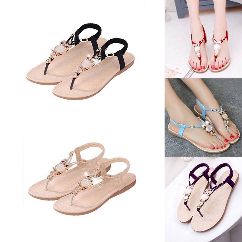 Giày Sandal xỏ ngón đính đá hình chim cú mèo phong cách Bohemian