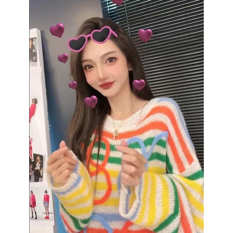 Jiashucheng Áo Sweater Dệt Kim Dáng Rộng Mềm Khoét Lỗ Họa Tiết Sọc Cầu Vồng Phong Cách Lười Mùa Thu Cao Cấp K