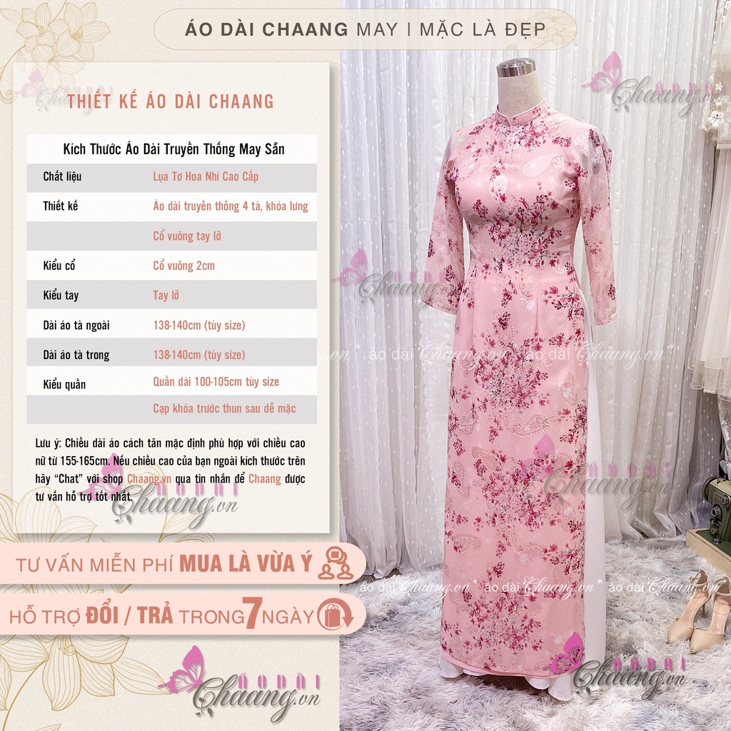 Áo dài nữ 4 tà CHAANG May sẵn hoa nhí truyền thống cổ cuông tay lỡ lụa tơ hoa đẹp 021