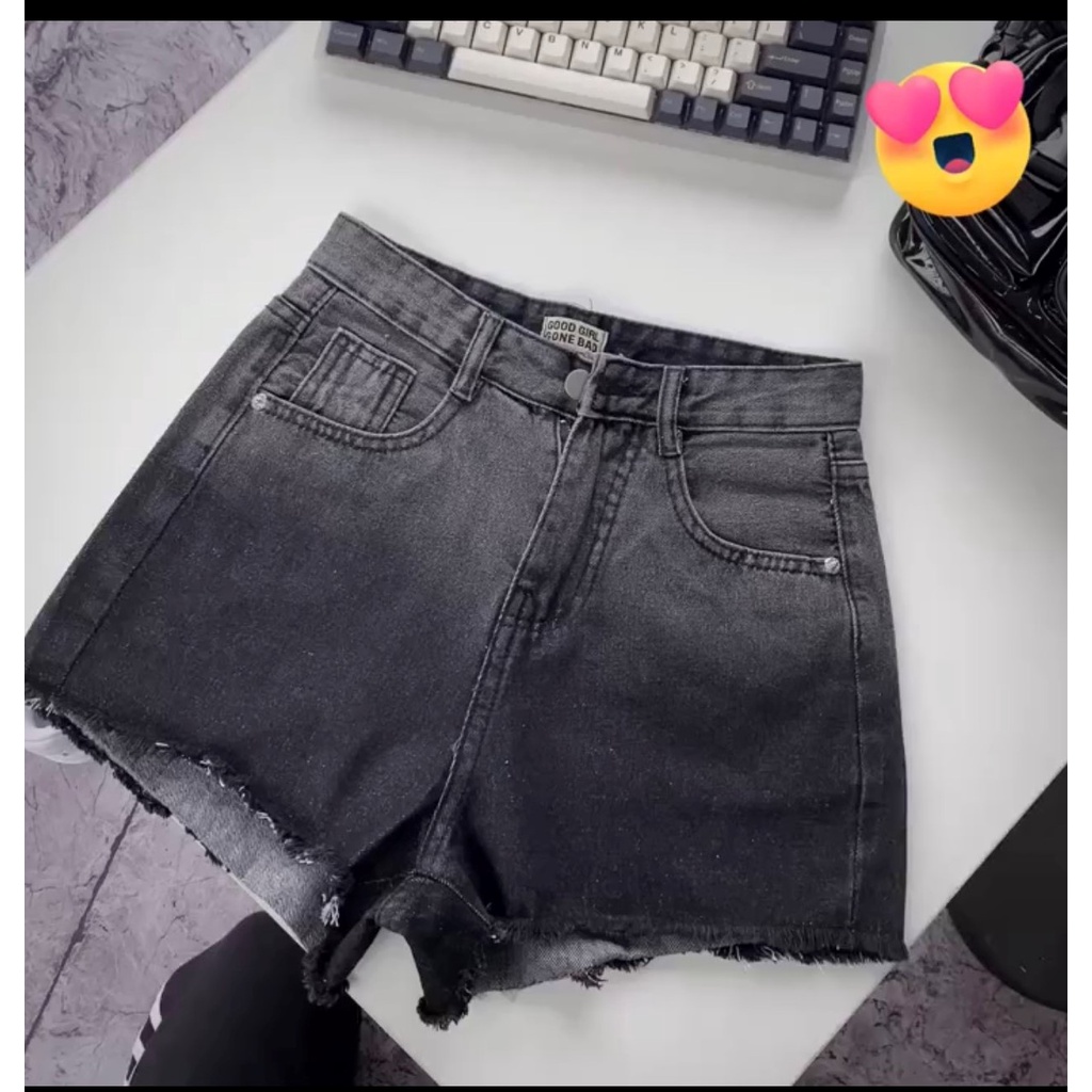 Quần short jean nữ BigSize lưng cao trên rốn, co dãn mạnh, tua lai, màu XÁM ĐEN Loang dành cho người mập 4343 MLJ