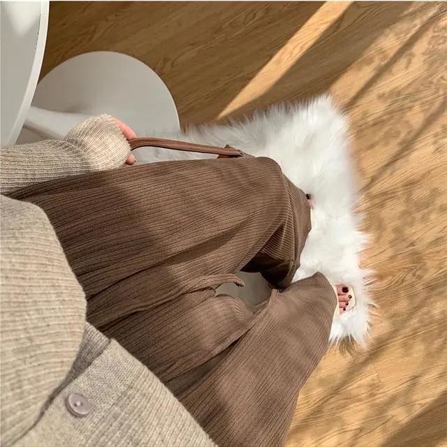 [Spot] Quần ống rộng lưng cao bằng vải nhung kẻ phong cách Hàn Quốc đơn giản dễ phối đồ