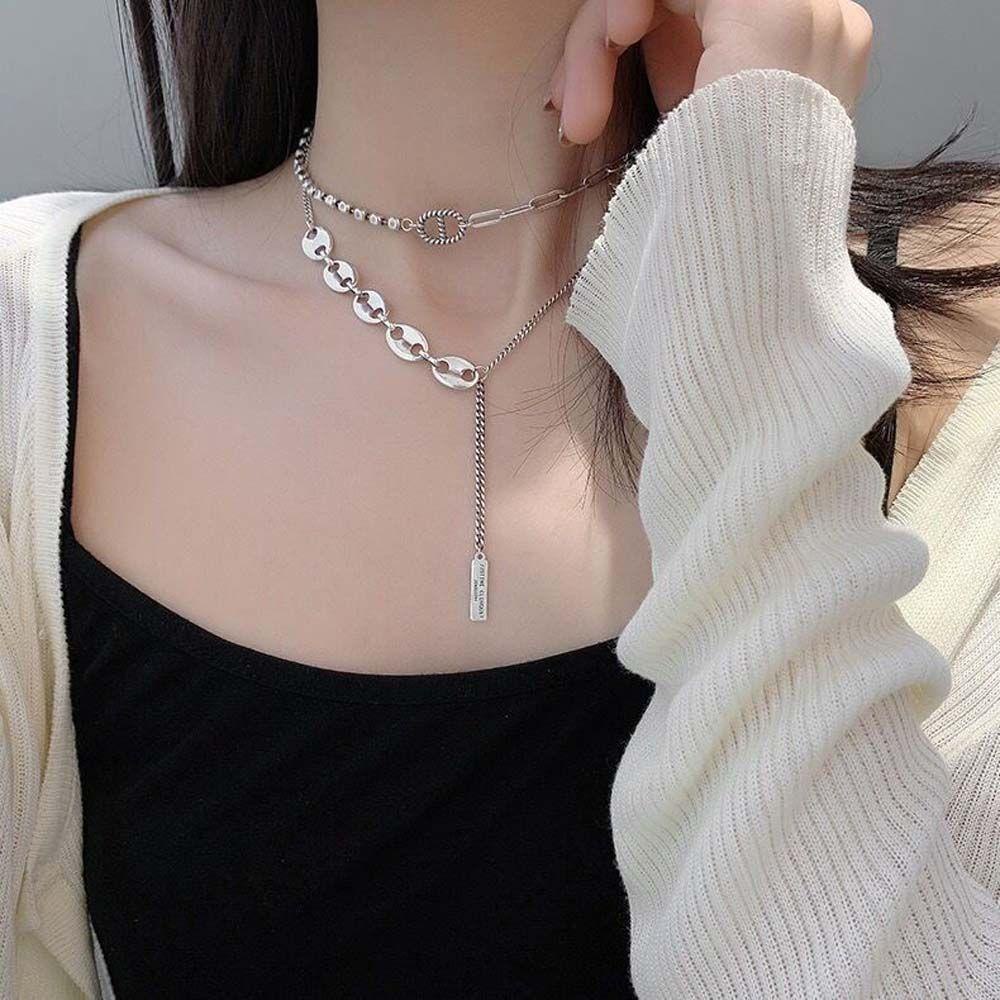 Vòng cổ Hai Lớp Mặt Vuông Phối Tua Rua Phong Cách Hip Hop Hàn Quốc Thời Trang Cho Nữ