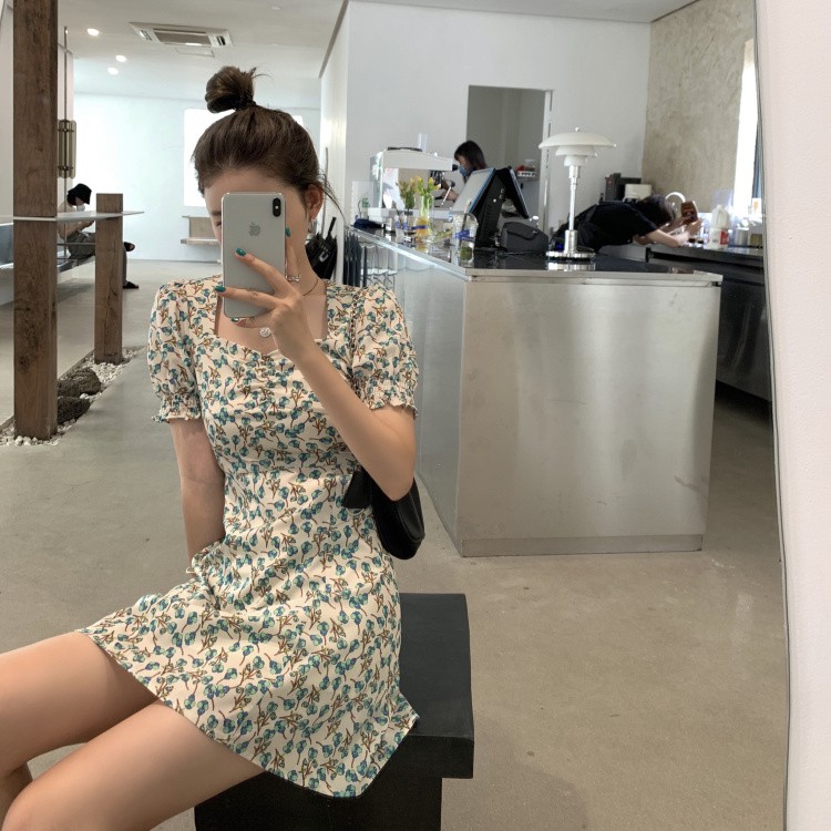 Xiaozhainv Đầm Tay Ngắn Cổ Vuông Họa Tiết Hoa/Màu Trơn Xinh Xắn Thời Trang Phong Cách Cổ Điển | BigBuy360 - bigbuy360.vn