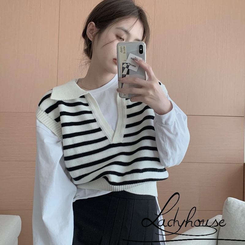 Áo Dệt Kim Không Tay Cổ Chữ V Họa Tiết Kẻ Sọc Thời Trang Thu Đông Dành Cho Nữ