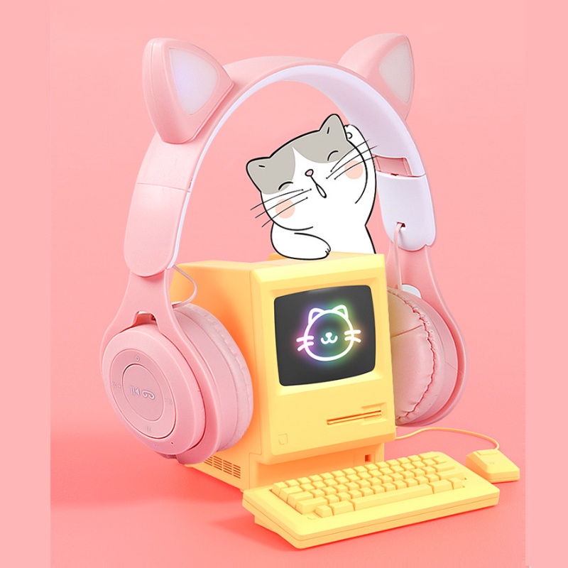 Tai nghe bluetooth chụp tai cute dễ thương Y08, Headphone có đèn led 7 màu nhấp nháy, Tai mèo có thể tắt đèn