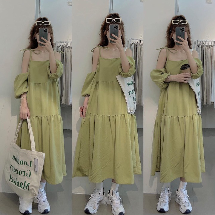 Váy Maxi Babydoll Dáng Dài 2 Dây Trễ Vai Tay Bồng Mặc Được 4 Kiểu - SENA STUDIO