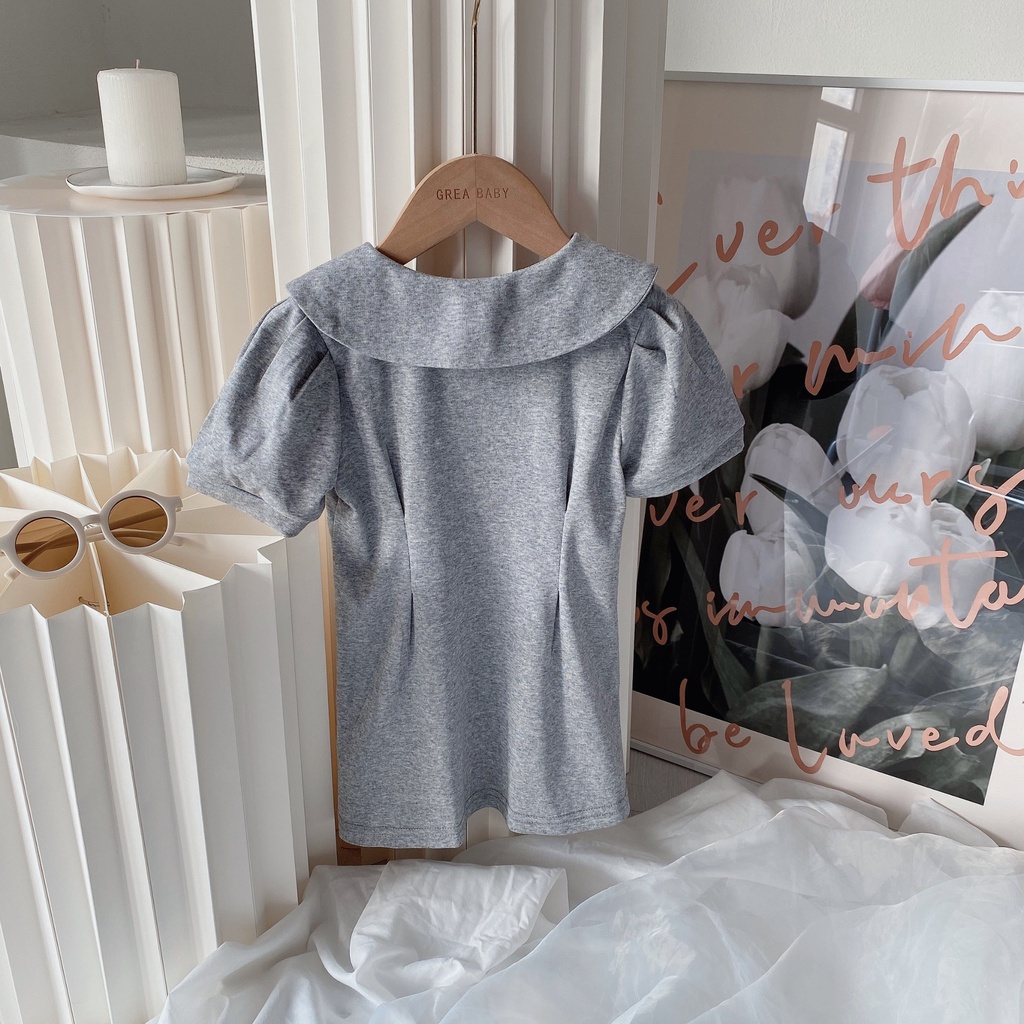 Đầm Cotton Ngắn Tay Cổ Búp Bê Phong Cách Hàn Quốc Cho Bé Gái