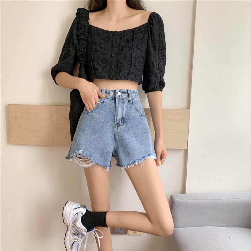 Xiaozhainv Quần Short Denim Lưng Cao Ống Rộng Phối Rách Cá Tính Theo Phong Cách Hàn Quốc