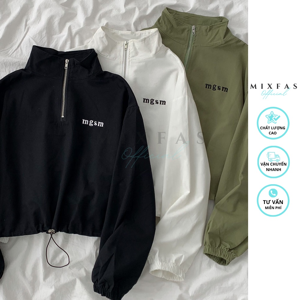 Áo khoác ngắn MixFas Nữ mới Hàn Quốc dài tay Áo khoác croptop dây rút lỏng cotton cao cấp