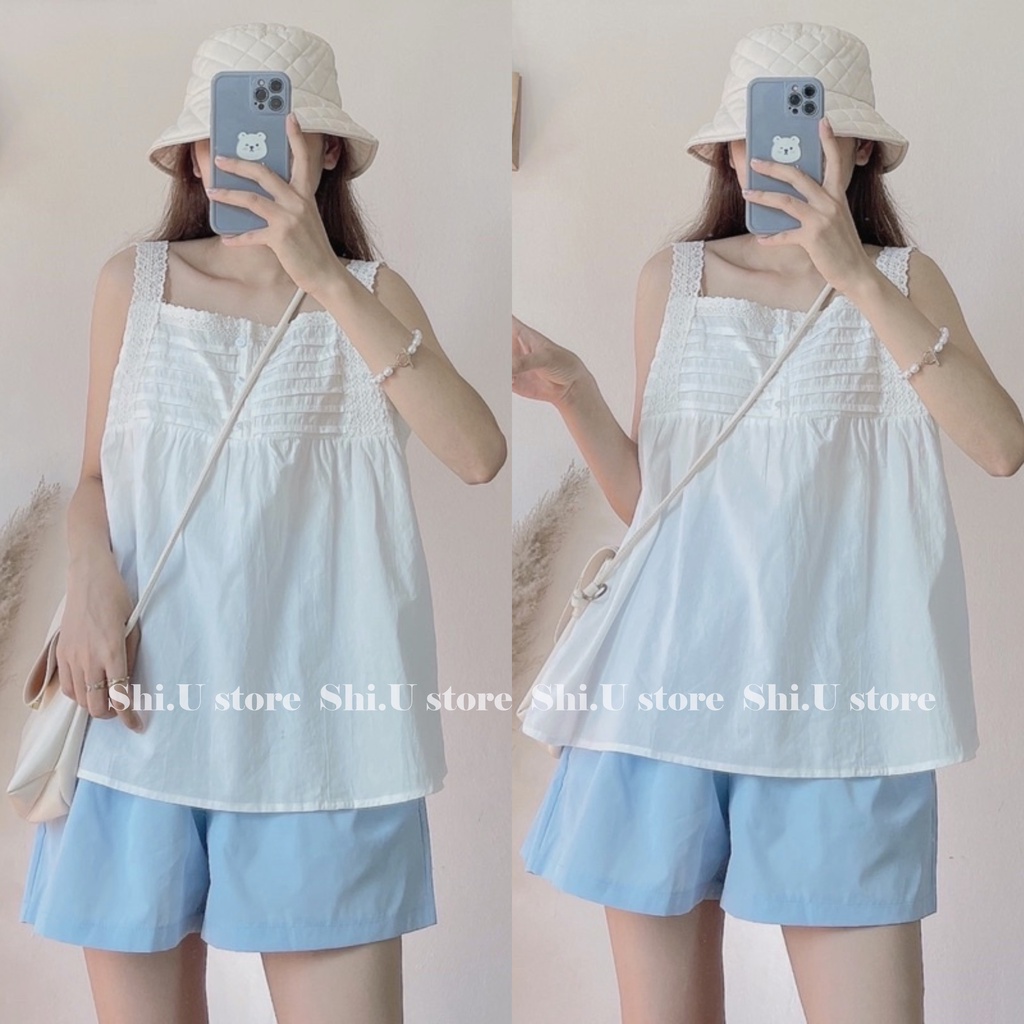 Set đồ nữ áo 2 dây ren kèm quần đùi xanh ống rộng ulzzang năng động
