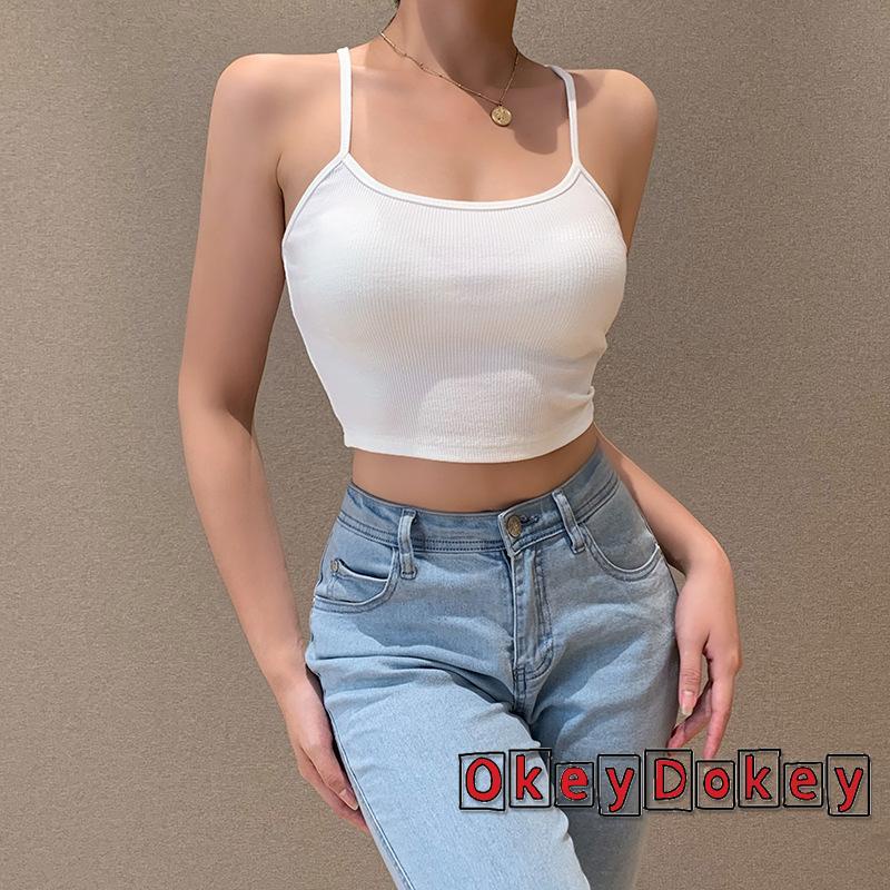 OKDK-Áo croptop hai dây cổ chữ U màu trơn có dây đeo màu trắng/đen size S/M/L cho nữ