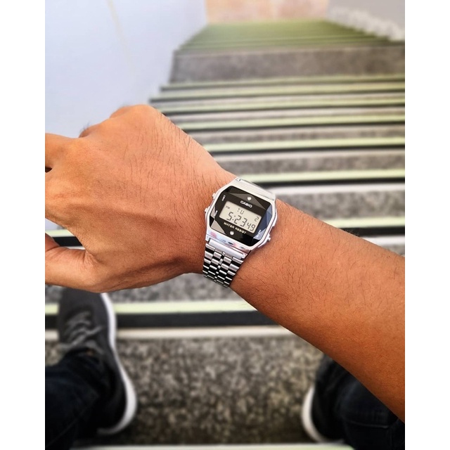 Đồng hồ Nam Casio A159WAD-1, đồng hồ chính hãng, bạc mặt đen kim cương