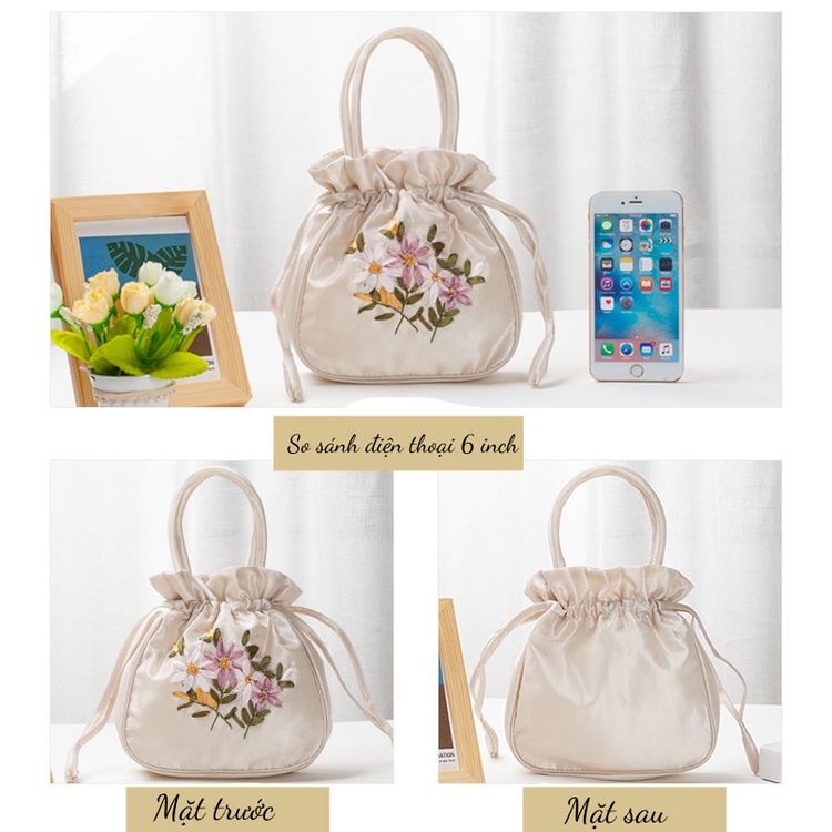 Túi Xách Cầm Tay Thêu Hoa Có Dây Rút Phong Cách Cổ Điển, Sang Trọng Cho Nữ Giới, 2N001 2 Ngân Shop