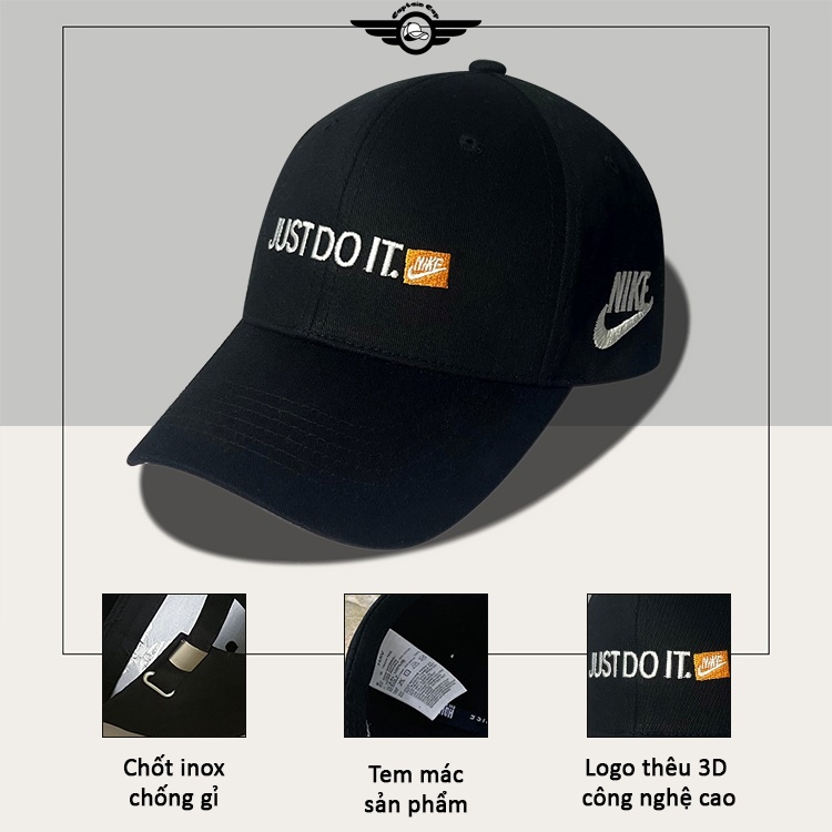 Mũ lưỡi trai JUST DO IT màu đen logo thêu chỉ đen cá tính dành cho cả nam và nữ full hộp để làm quà tặng