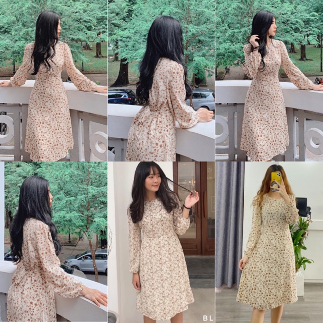 Đầm hoa nhí xinh Halenn Dress tay dài chất váy voan có lót lớp váy có dây buộc eo xinh nhẹ dễ mix