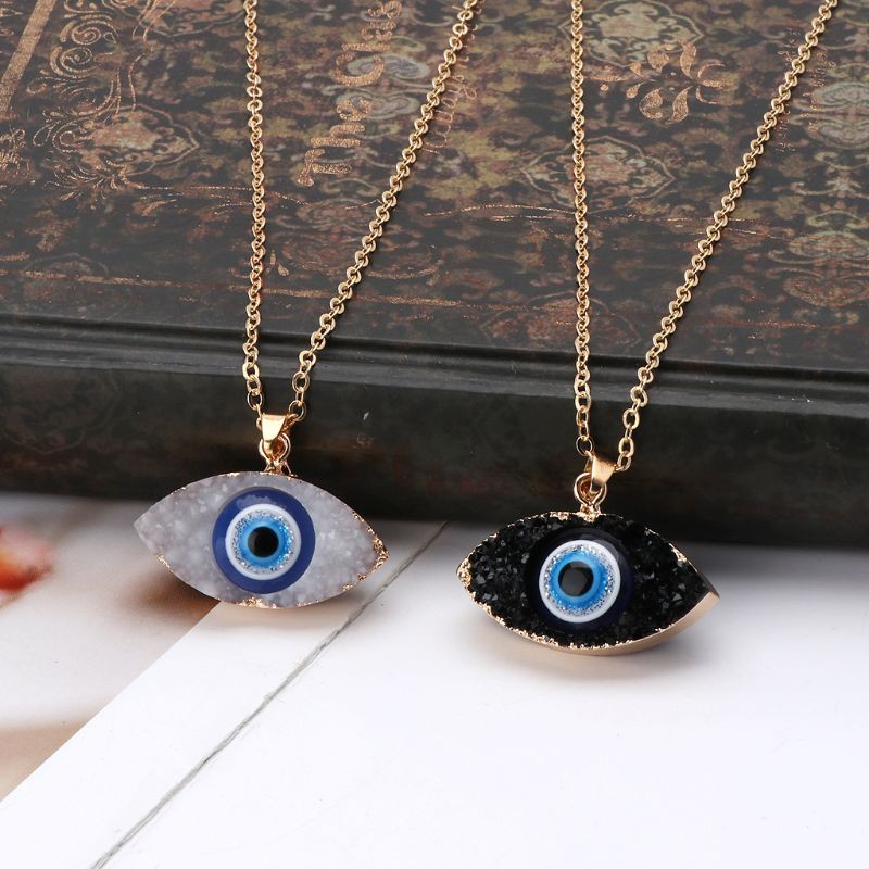 Vòng cổ mặt dây hình mắt quỷ khảm đá quý druzy giả bằng nhựa resin thời trang