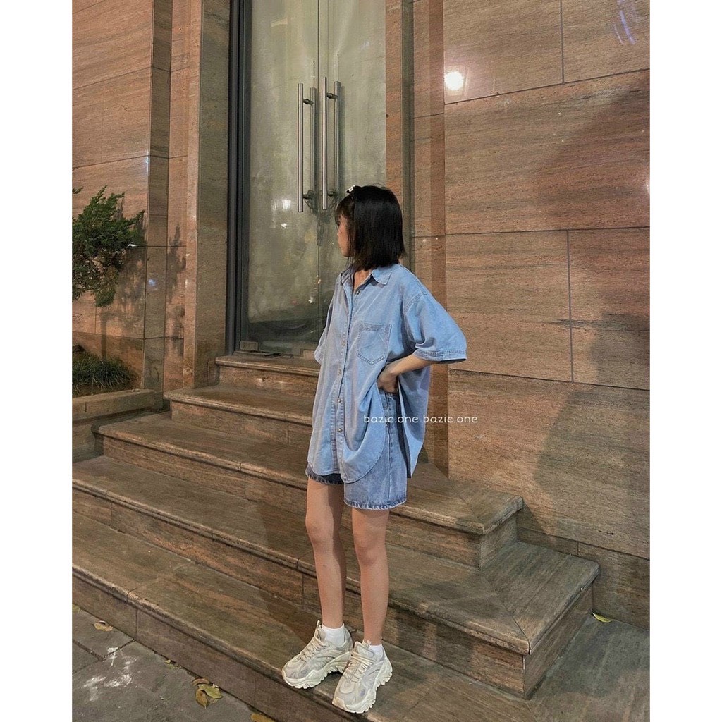 💃 Áo sơ mi bò cộc tay túi trước dáng rộng freesize