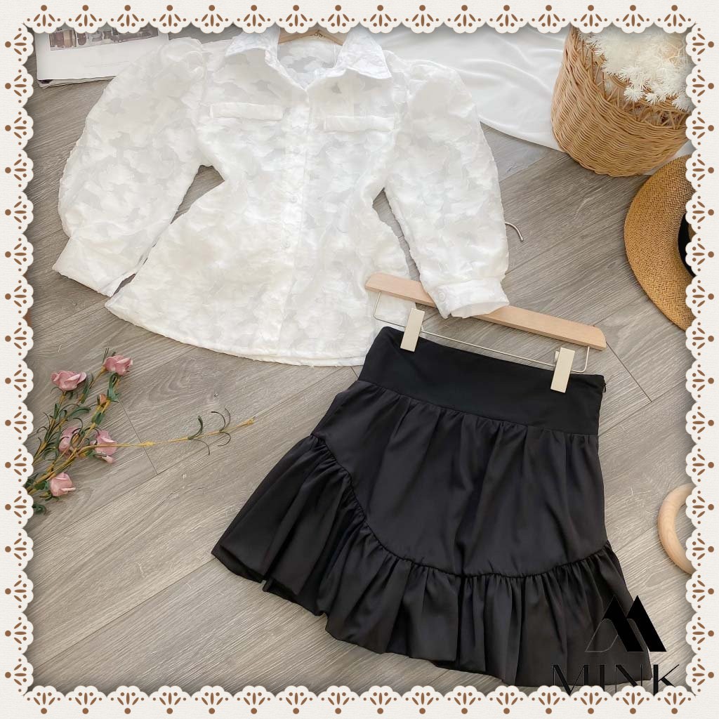 [HÀNG THIẾT KẾ] Set Áo Sơ Mi Ren Nổi Buộc Nơ Eo + Chân Váy Đuôi Cá Đen - Chất Liệu Ren Vân Nổi Cao Cấp | BigBuy360 - bigbuy360.vn