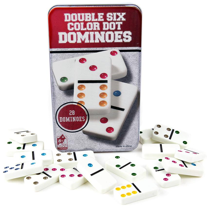 CÓ SẴN] Bộ cờ Domino 28 quân, 6 chấm màu đựng trong hộp thiếc